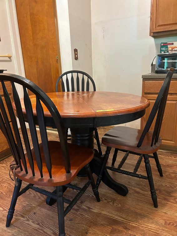 Round Wooden Dining Table and Windsor-Style Chairs