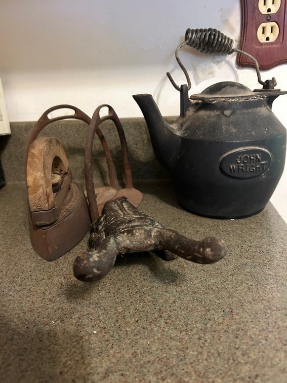 Cast Iron Kettle, Sad Iron, Trivet, and Boot Jack