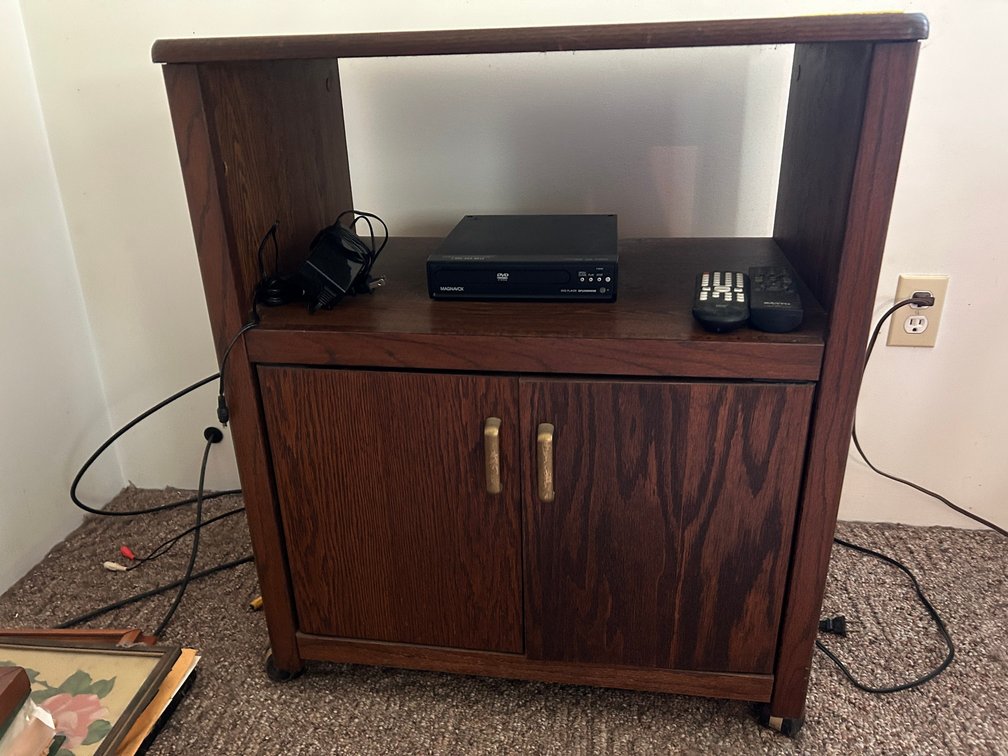 Wooden TV Stand, DVD Player, Remote Control