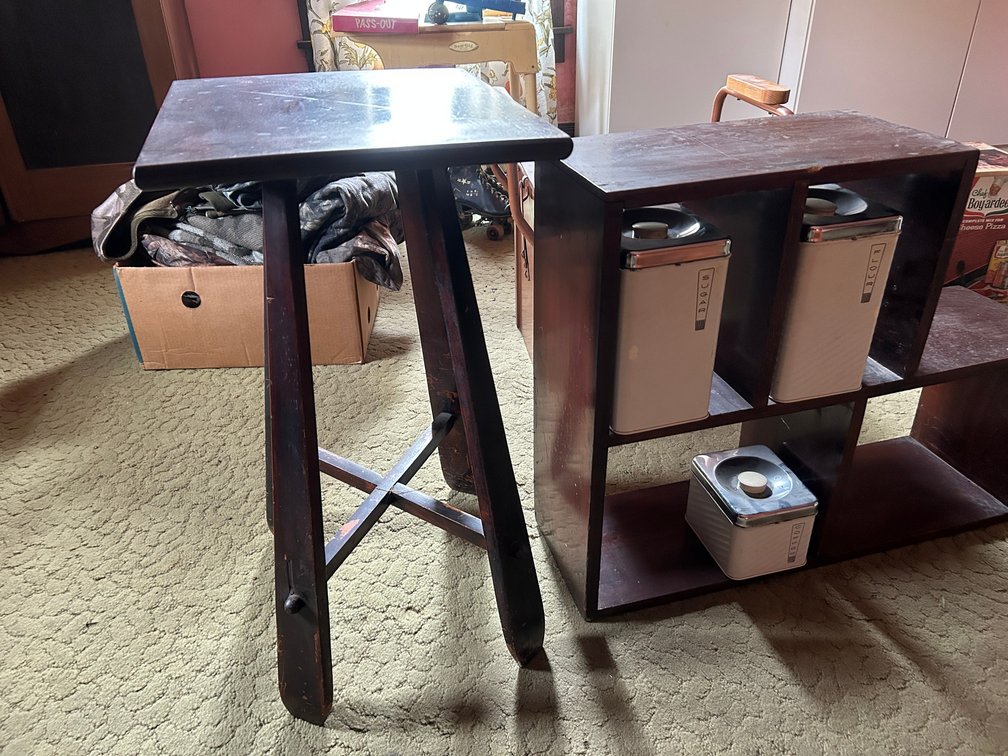 Wooden Side Table, Cubby Shelf, Metal Canisters