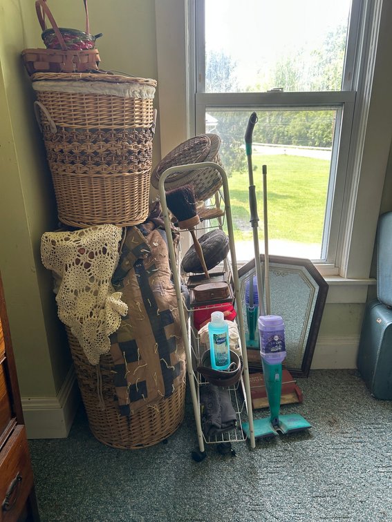 Wicker Hamper, Sweepers, Wire Storage Cart, Blankets