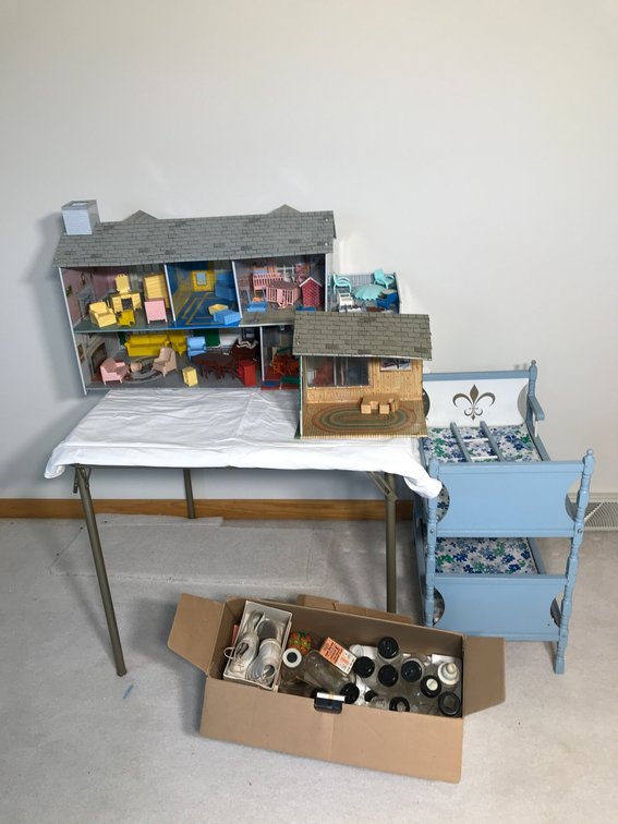 Dollhouse, vintage baby bottles, etc.