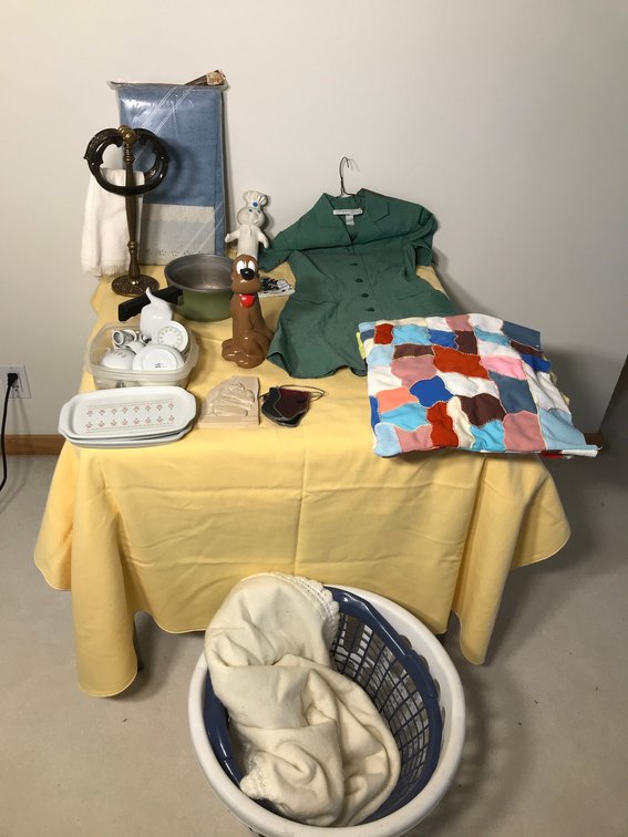 Child's tea set, misc. clothes