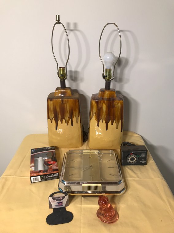 Pair of lamps, wall clock, etc.