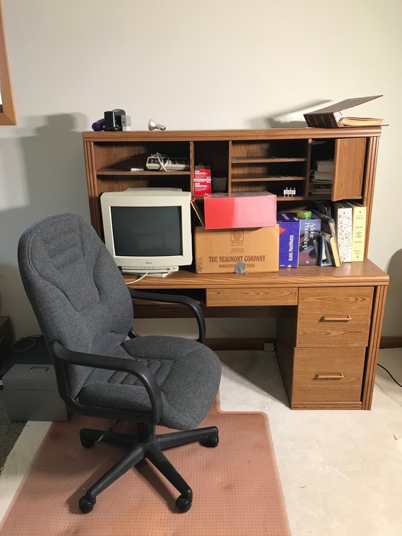 Desk, chair, computer accessories