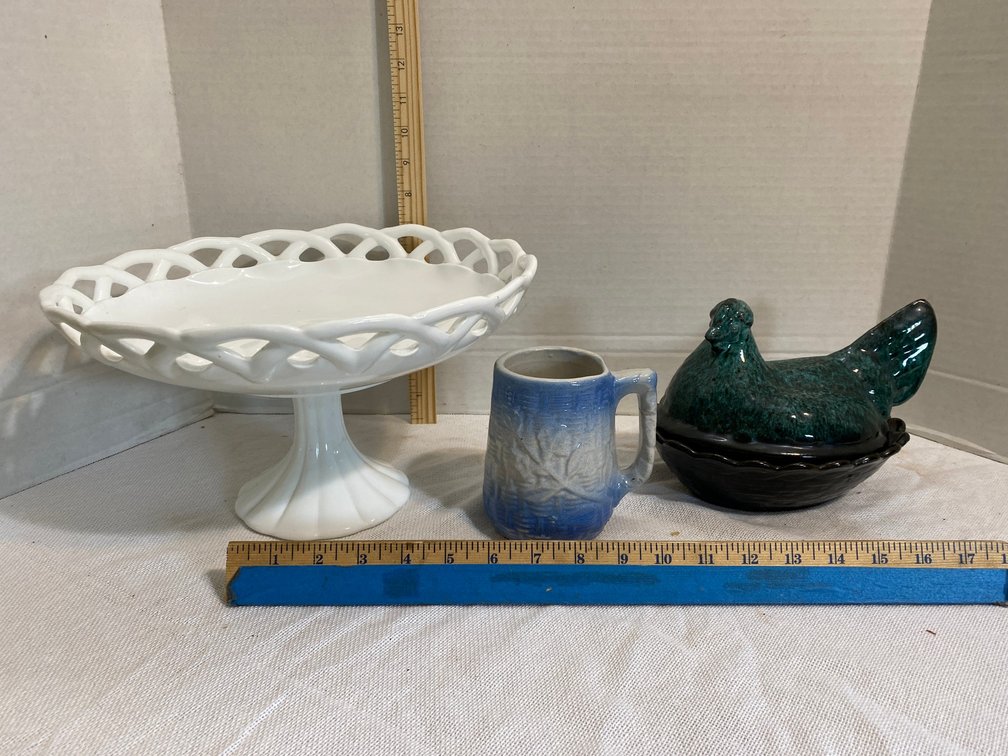 Hen on nest, white pedestal bowl, stoneware mug