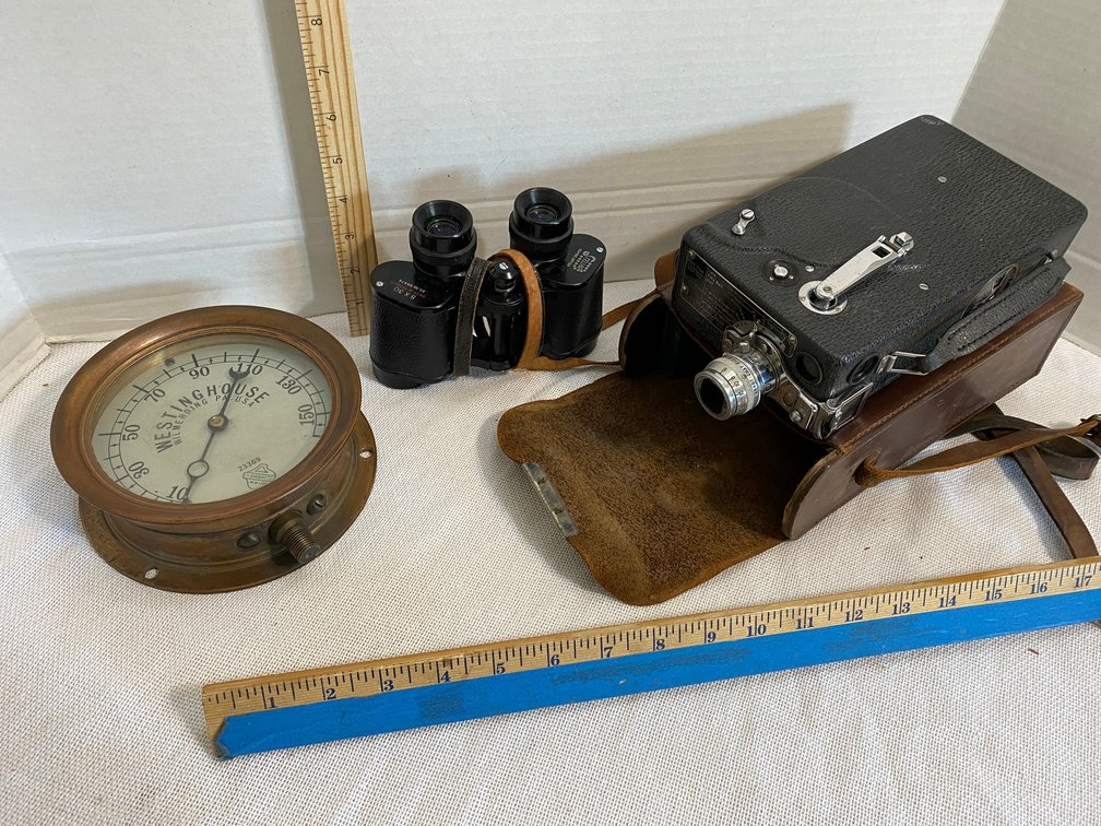 Vintage Westinghouse gauge, Stellar 8x30 binoculars, Kodak model K camera with case