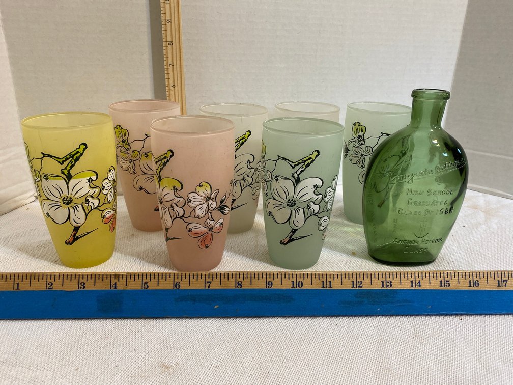 7 Hand painted drinking glasses, High School graduates class of 1968 Anchor Hocking glass bottle