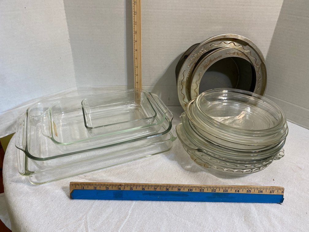 Pyrex casseroles, Pyrex pie dishes, Mrs. Anderson's pie crust shields