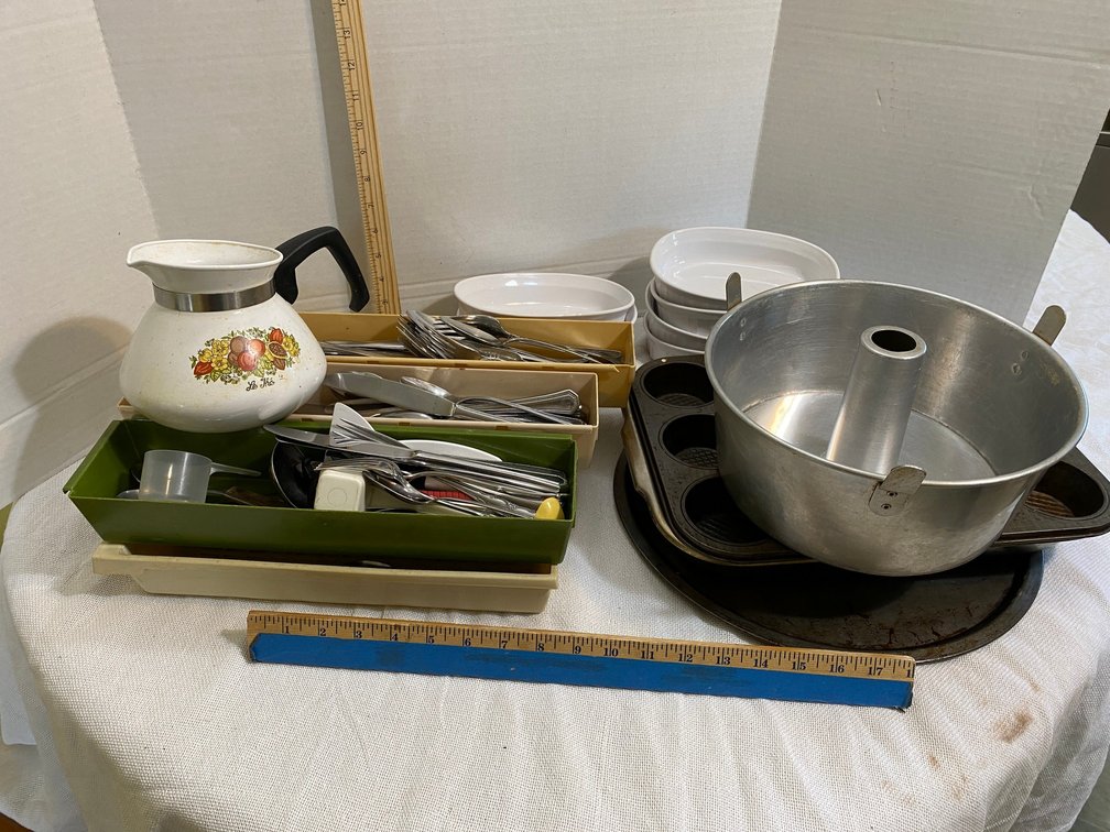 Flatware, Corning ware individual casseroles, muffin tins, Corning ware coffee pot