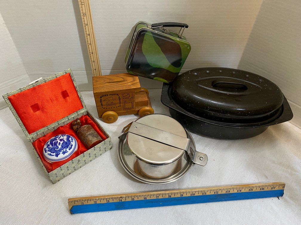 Asian, oriental style stamper, wooden US Postal service bank, granite roaster, mess kit, small trinket style lunchbox
