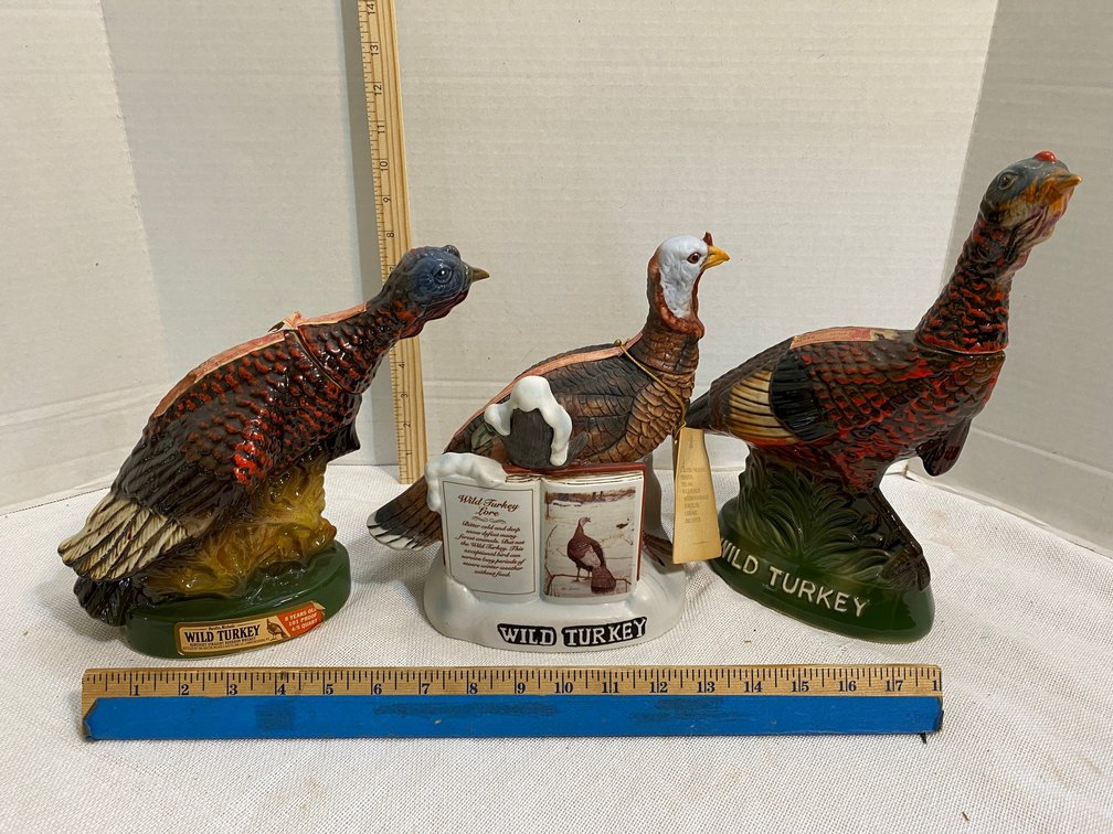 3 Wild Turkey Decanters, Happy Turkey Day pottery style cup