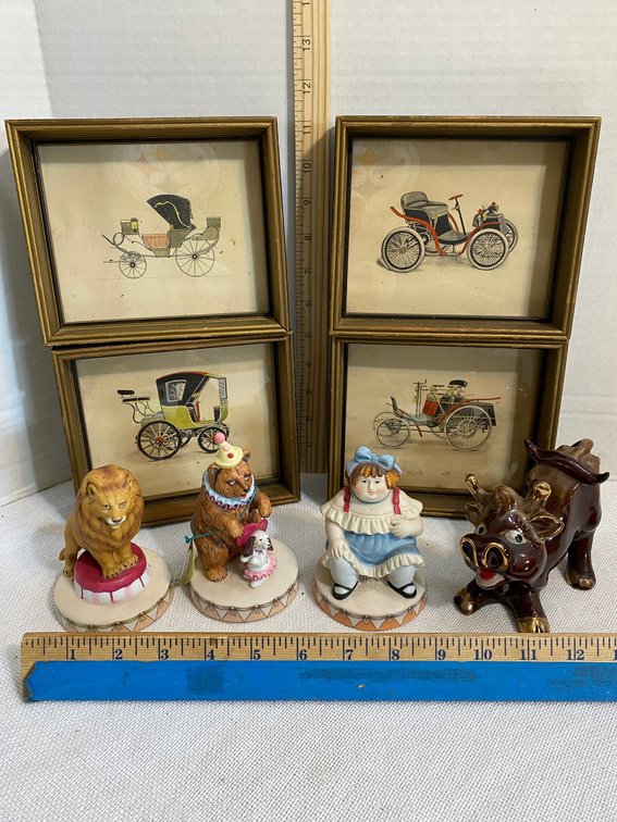 4 Early Automobile framed prints, collectible figurines