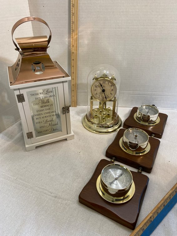 Elgin Anniversary clock, candle holder, Springfield barometer