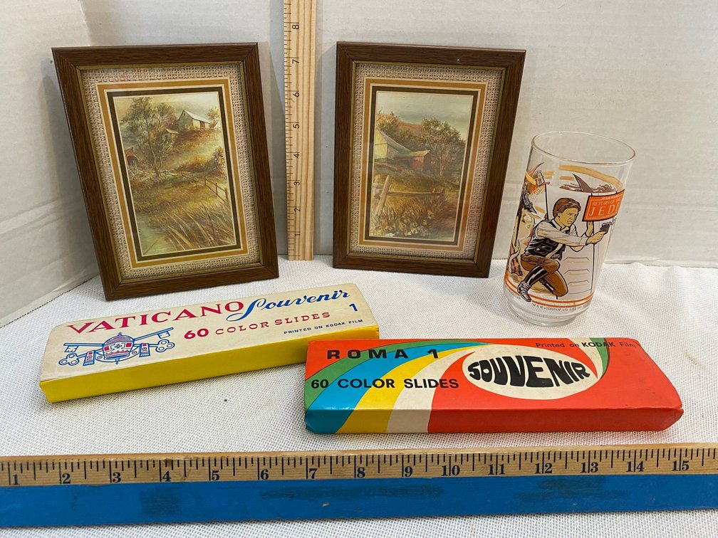 1 Star Wars Return of the Jedi glass, souvenir slides, 2 decorator prints