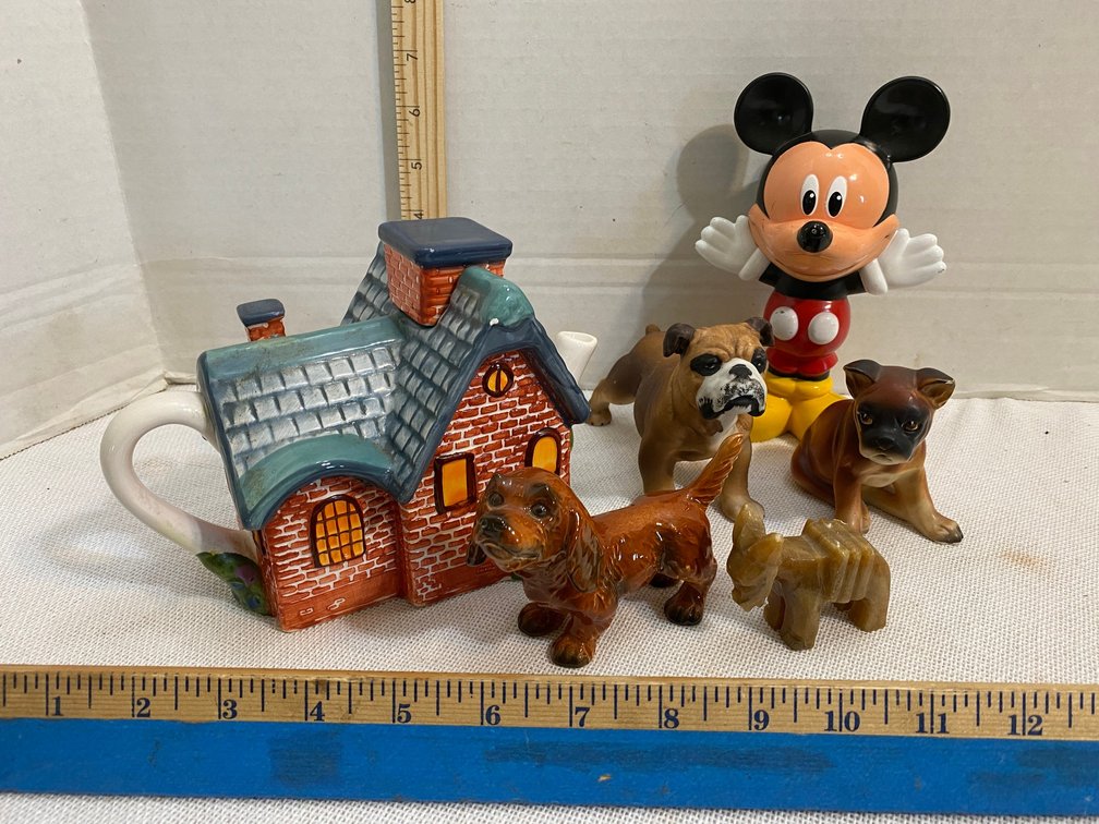 Mickey Mouse collectible, 3 dogs, donkey, teapot