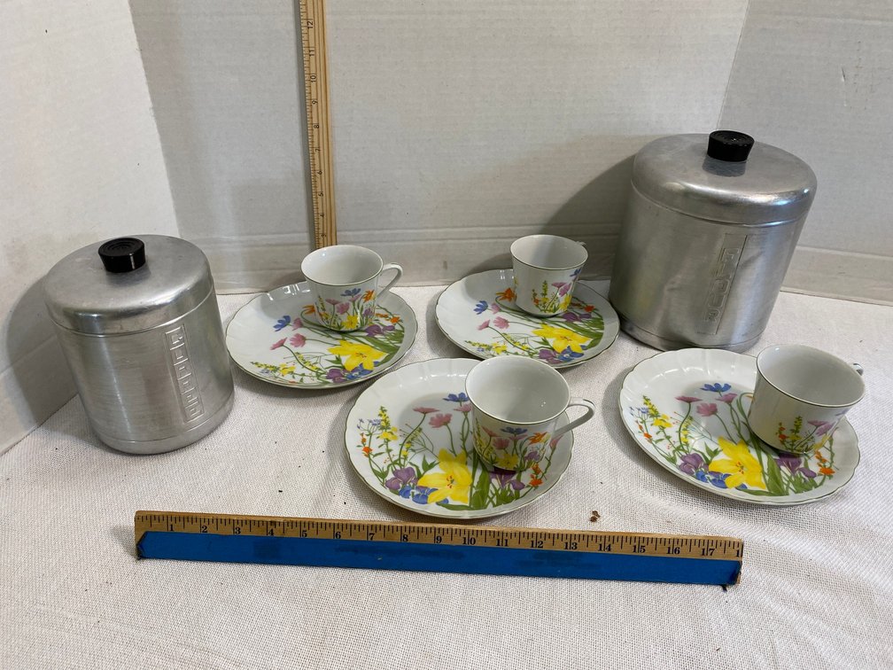Set of 4 teacups with snack tray, 2 metal canisters-1 Flour, 1 Coffee