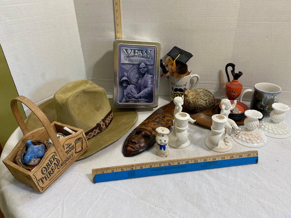 Vintage men's hat, candle holders, wooden divided dish, VFW cookie tin, quail
