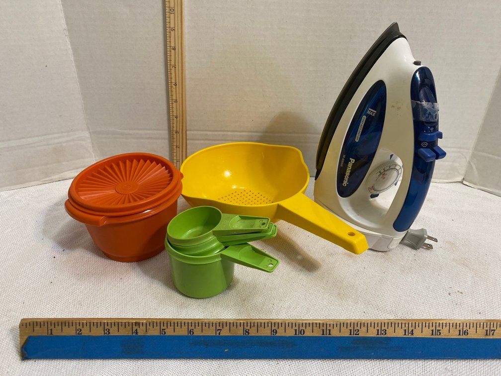 Panasonic iron, Tupperware, measuring cups
