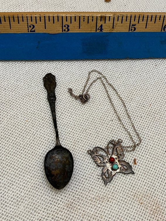 Small sterling spoon and sterling butterfly charm on chain