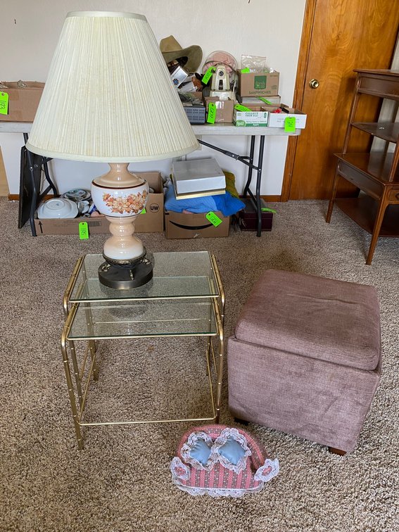 Lamp, set of nesting tables-gold gilded with glass tops, foot stool with lid for storage