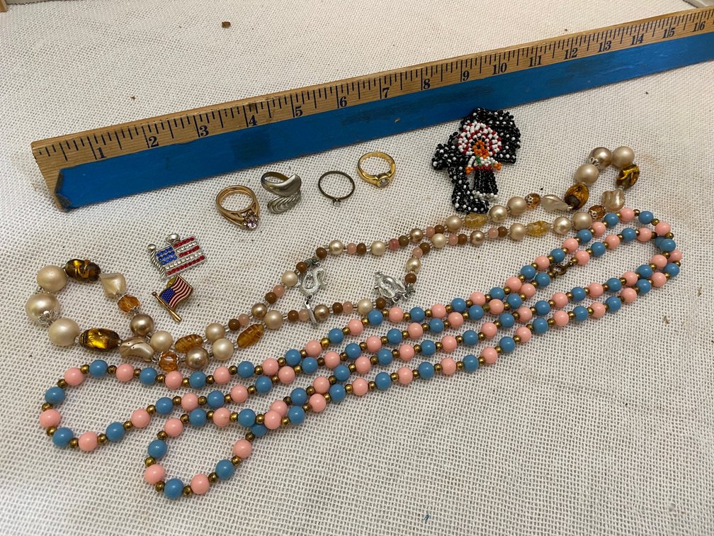 4 Rings, necklaces, American Flag pin, charm