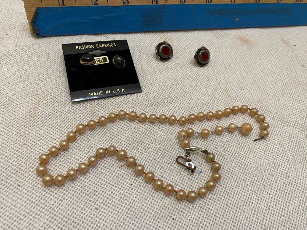 Small pair of sterling earrings, pair of scarab earrings, set of pearls