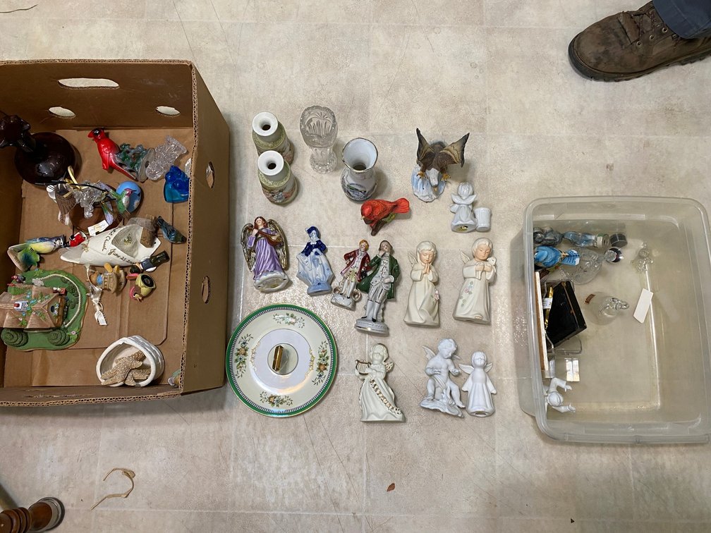 Decorator figurines, vases, Angels, bells, birds, tidbit tray