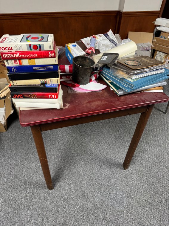 Wooden Table with Miscellaneous Items