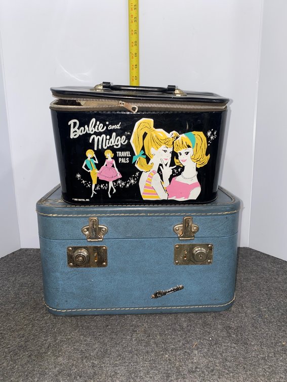 Vintage Cosmetic Case, Barbie and Midge Travel Pals Case with Vintage Barbies