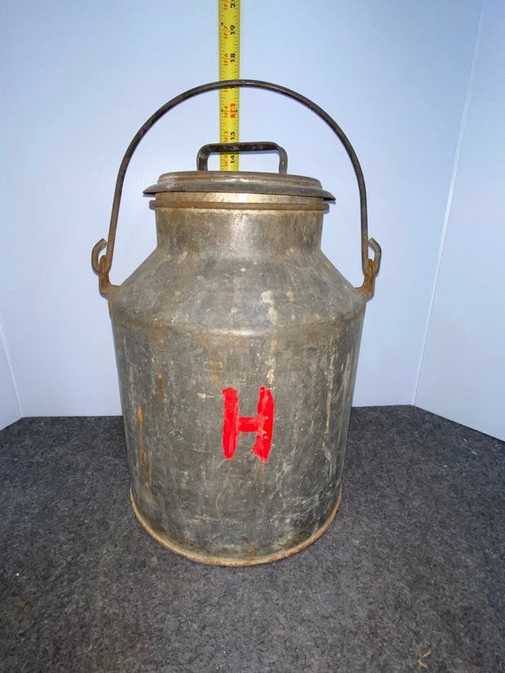 Small Metal Milk Can with "H" Painted on it
