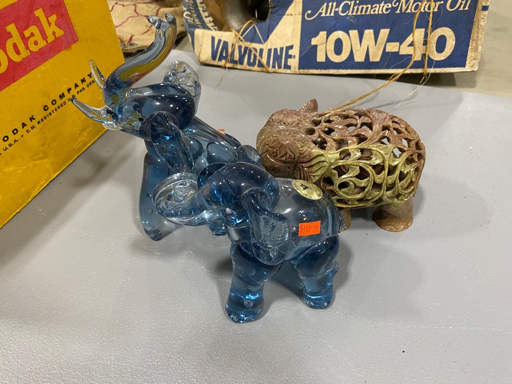 2-Blown Glass Elephants, Carved Soap Stone elephant