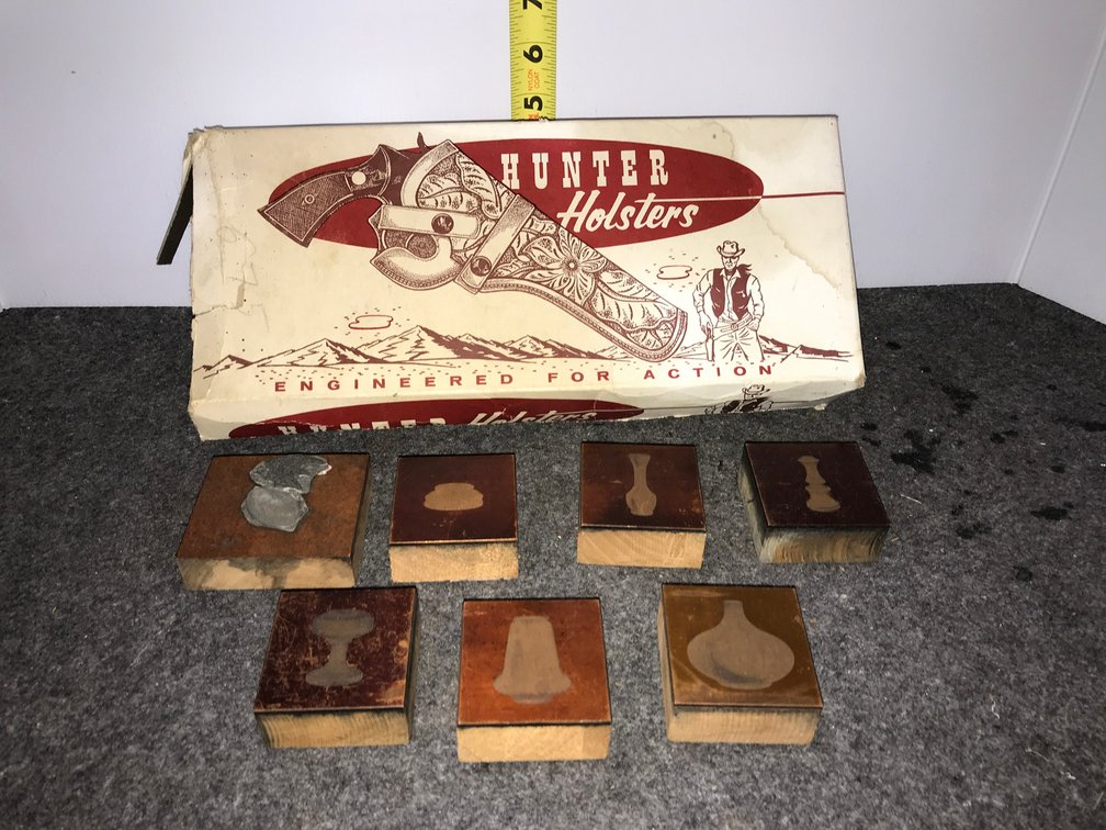 Antique Printing Block Lot, Hunter Holster Box