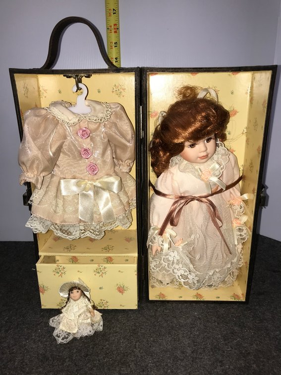 Vintage Porcelain Doll and Wooden Trunk