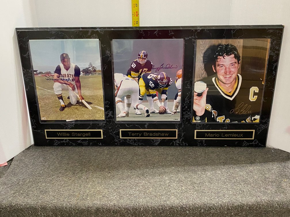 Framed Pictures signed of Willie Stargell, Terry Bradshaw, Mario Lemieux