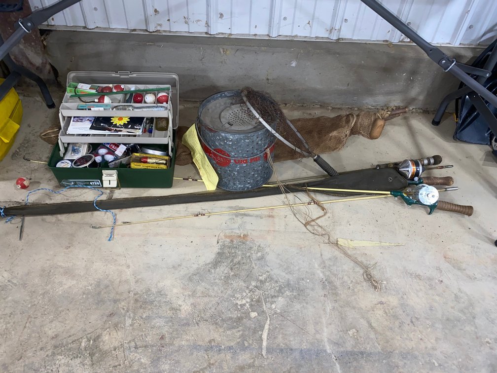 Fishing Poles, Tackle Box with Tackle, Net and a Minnow Bucket