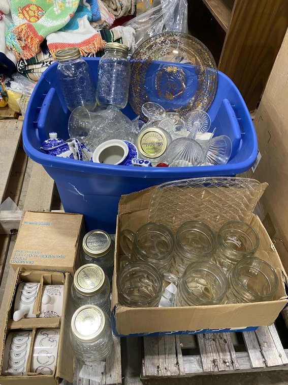 Canning Jars, Blue and White Glass Ware, and glass, Large Glass Mugs