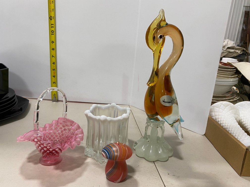 Art Glass Glass Stork, Hobnail Ruffled Edge Glass Basket, Glass Vase