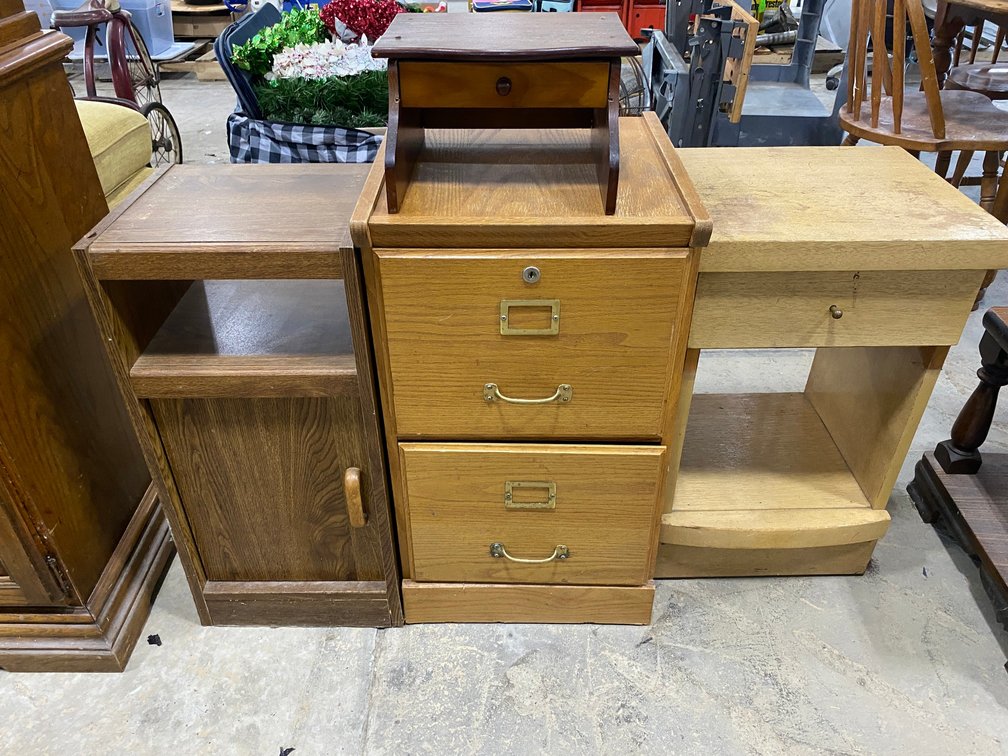 Wooden 2 Drawer Wooden filing Cabinet, 2 End tables, 2-Chairs