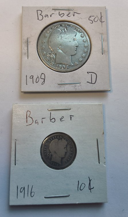 1908 D Barber Half Dollar & 1916 Barber Dime