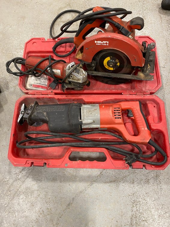 Milwaukee electric sawzall, Hilti electric radial saw, Milwaukee electric grinder