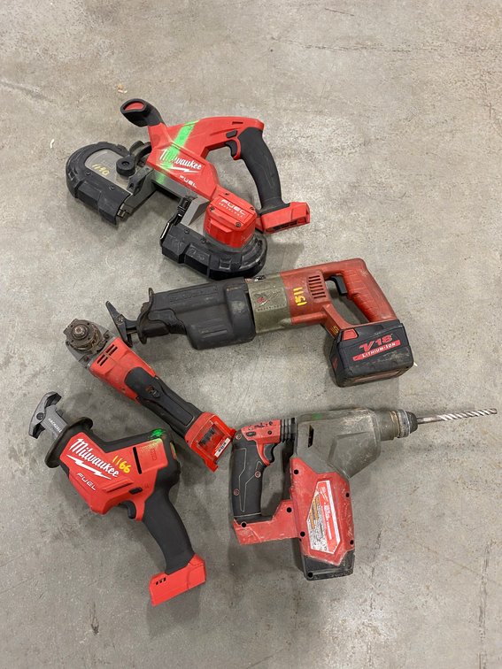 Milwaukee fuel bandsaw-battery powered, Milwaukee V18 sawzall-battery powered, Milwaukee rotary hammer drill, Milwaukee grinder, Milwaukee hacksaw-no batteries or chargers included