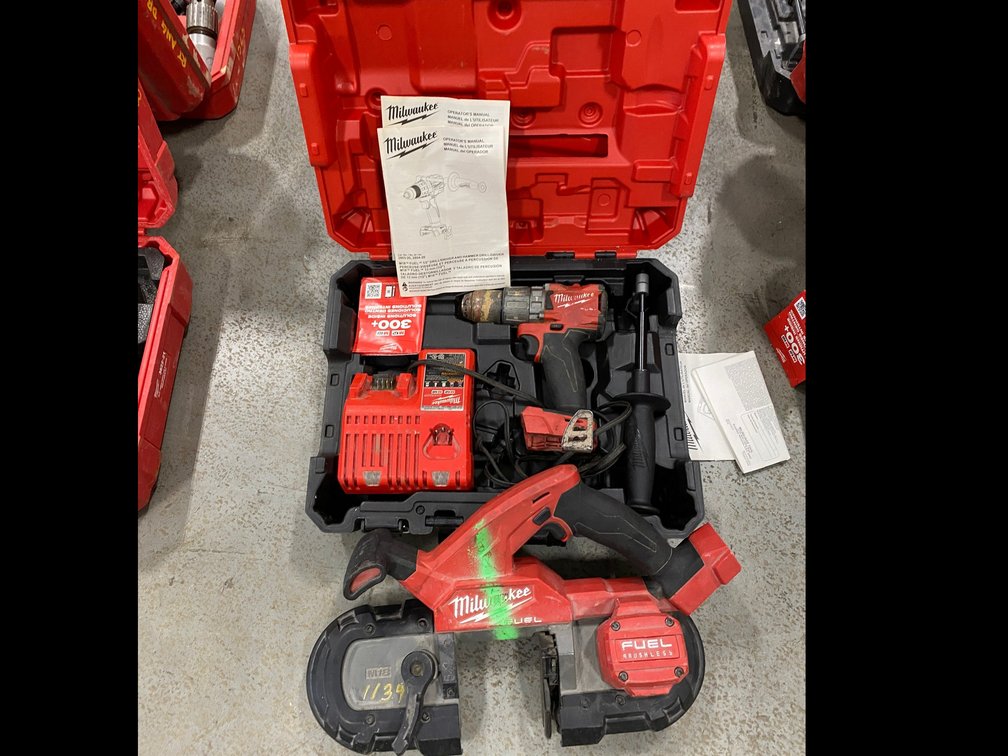 Milwaukee band saw, drill, charger