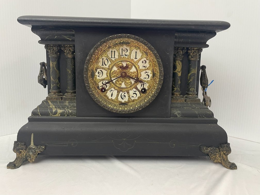 Vintage black clock with gold face-keys attached-FFS on face