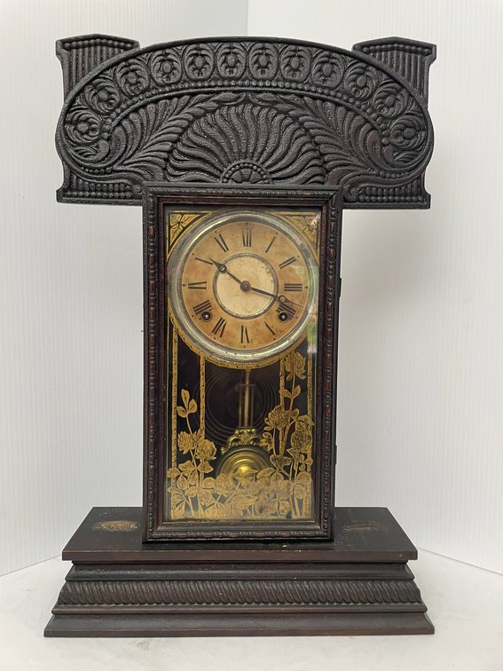 Wooden mantle clock-glass decorated door-with key