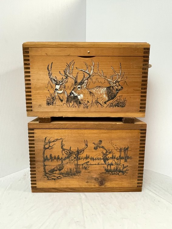 2 Wooden finger joint boxes decorated with deer-16" long