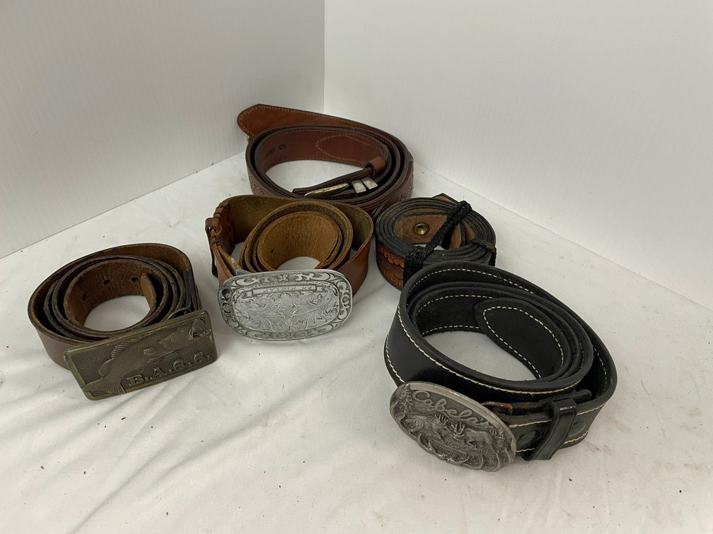 Leather belts with buckles-1 is Bass Fishing, 1 is Cabela's, other leather belts-measure approx. 40"