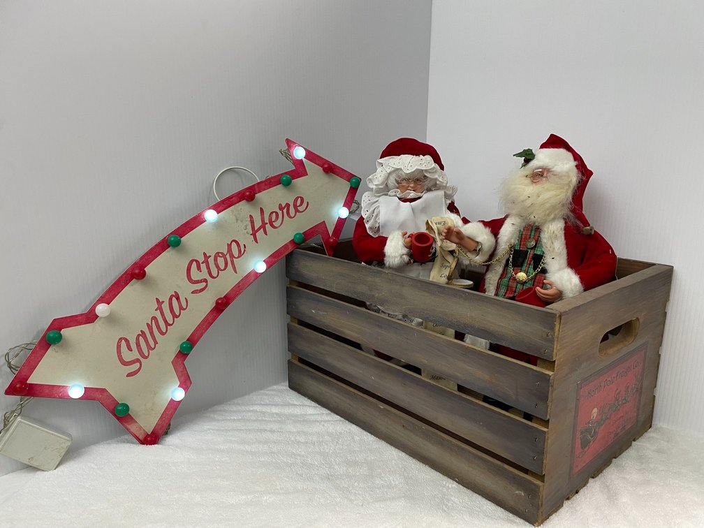 Wooden crate marked North Pole Freight Company, Mr & Mrs Santa, electrified sign-Santa Stop Here