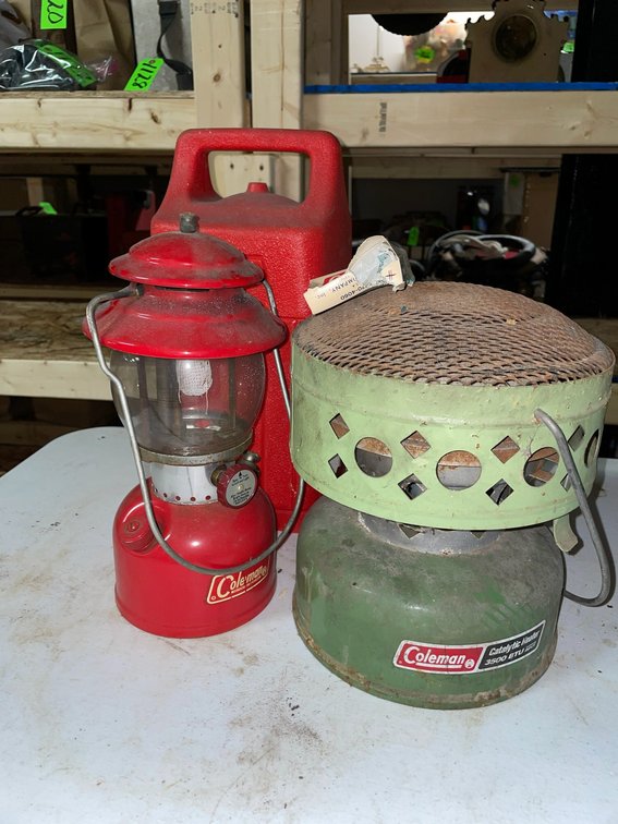 Coleman lantern, Coleman heater, lid for Coleman lantern carrier