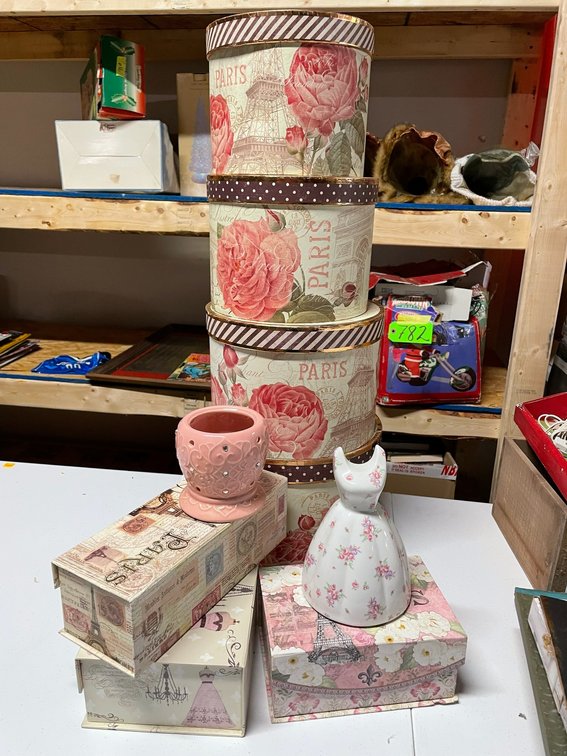 Nesting storage boxes, small decorative lamp